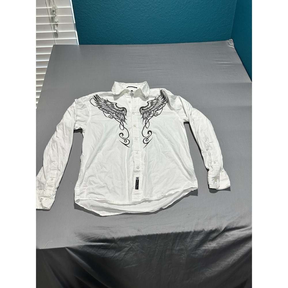 Southpole Premium Shirt White Angel Wings Embroidered Long Sleeve L Y2K